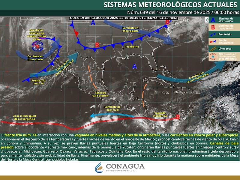 El pronóstico del tiempo para México durante el domingo 16 de noviembre. (Foto: SMN)