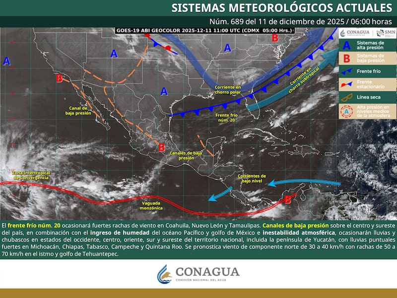 El pronóstico del tiempo para México durante el jueves 11 de diciembre. (Foto: Archivo).