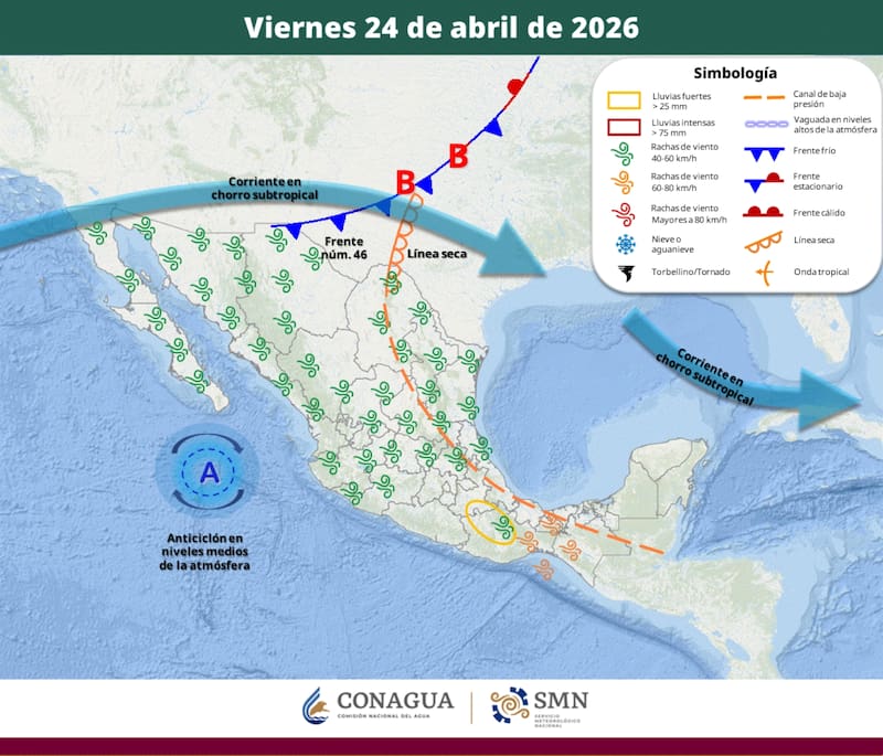 El pronóstico del tiempo que difundió el SMN para el viernes 24 de abril en la República Mexicana. (Foto: Archivo)