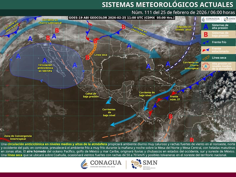 El pronóstico del tiempo que difundió el SMN para todos los habitantes de la República Mexicana durante el miércoles 25 de febrero. (Foto: Archivo)