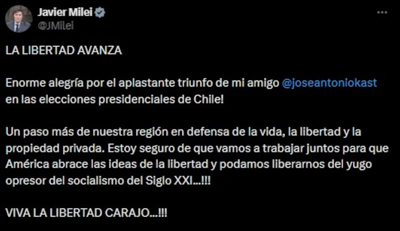 El tuit de Javier Milei sobre el triunfo de Kast (Fuente: X).