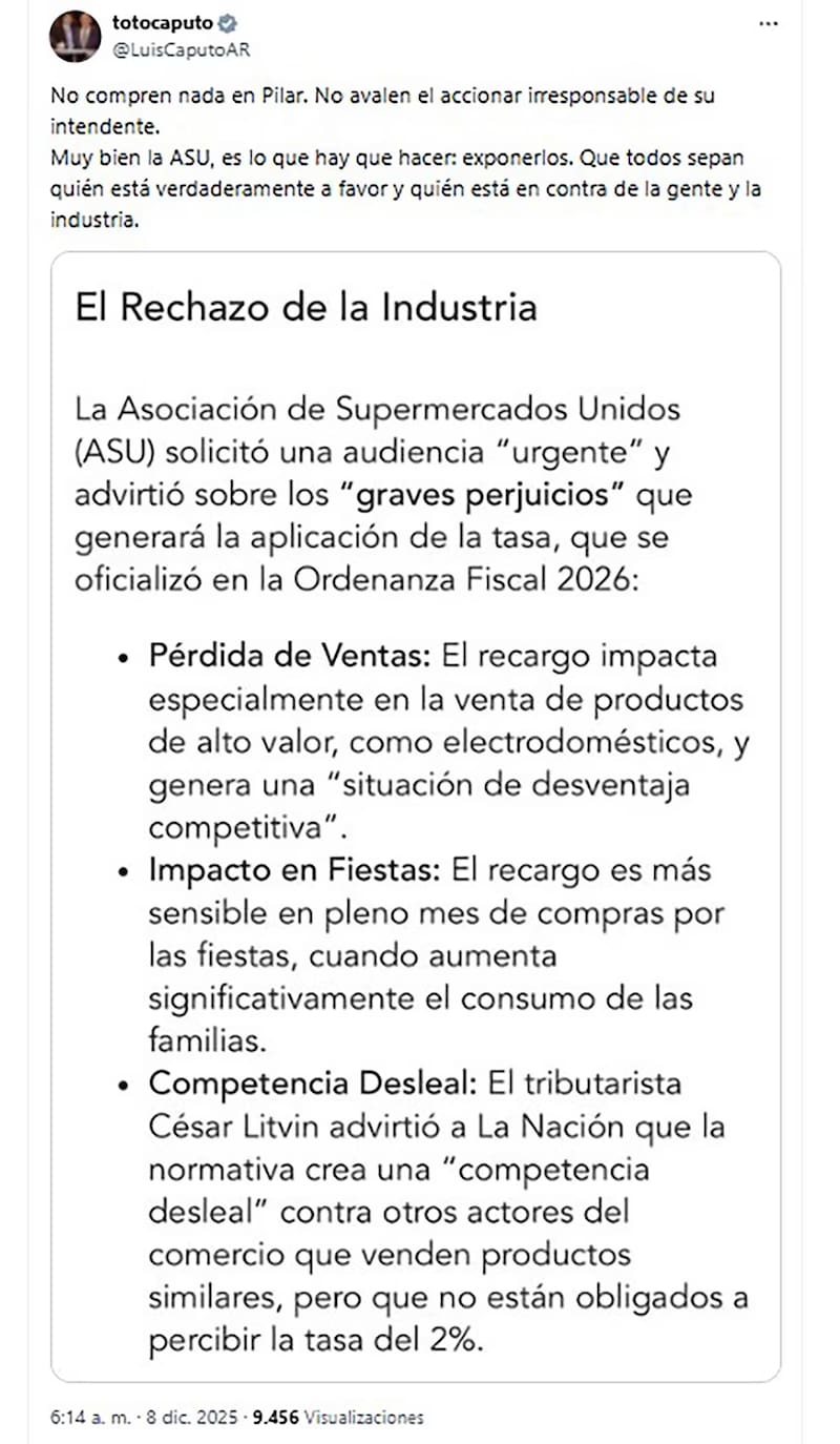El tuit de Luis Caputo en el que llamó a no "comprar nada en Pilar" (Fuente: X).