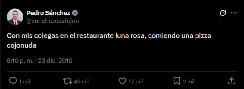 El tweet de Pedro Sánchez publicado en 2010.