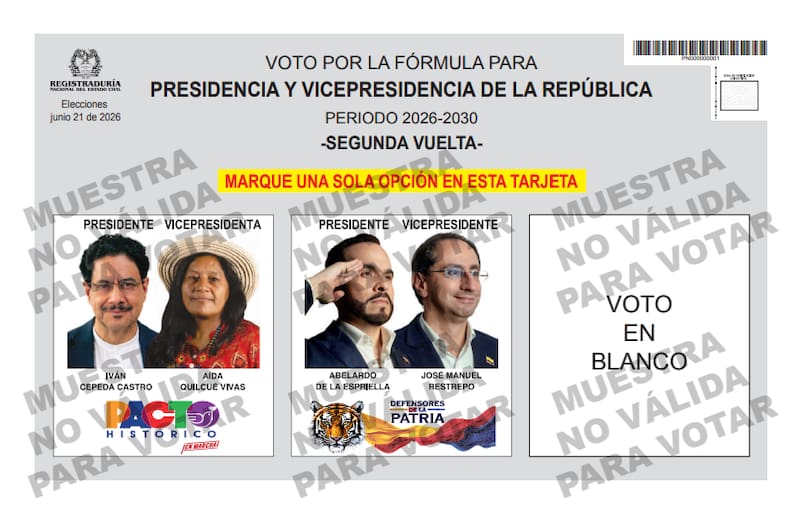 El tarjetón de la segunda vuelta presidencial incluye las dos fórmulas finalistas y la opción de voto en blanco.