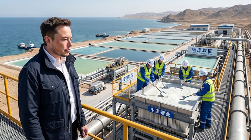Elon Musk protagoniza una imagen ilustrativa generada con inteligencia artificial sobre la creciente disputa tecnológica y económica por el litio, impulsada por nuevos desarrollos de China para obtenerlo del mar.