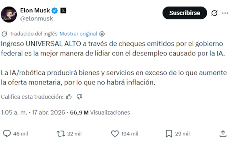 Elon Musk predice el futuro del trabajo: propone un "ingreso universal" para combatir el desempleo por IA.