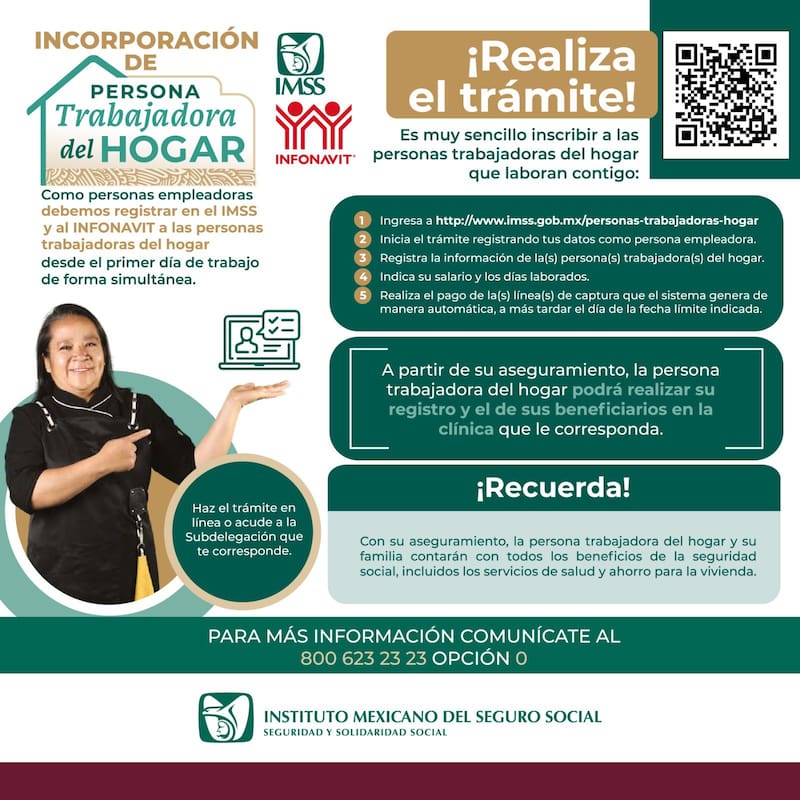 “Los empleadores deberán registrar en el IMSS y de forma simultánea al INFONAVIT a las personas trabajadoras del hogar desde el inicio de la relación laboral”, precisa la información oficial.