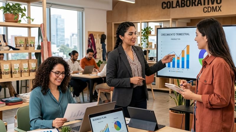 Escena de mujeres preparando un plan de negocios.