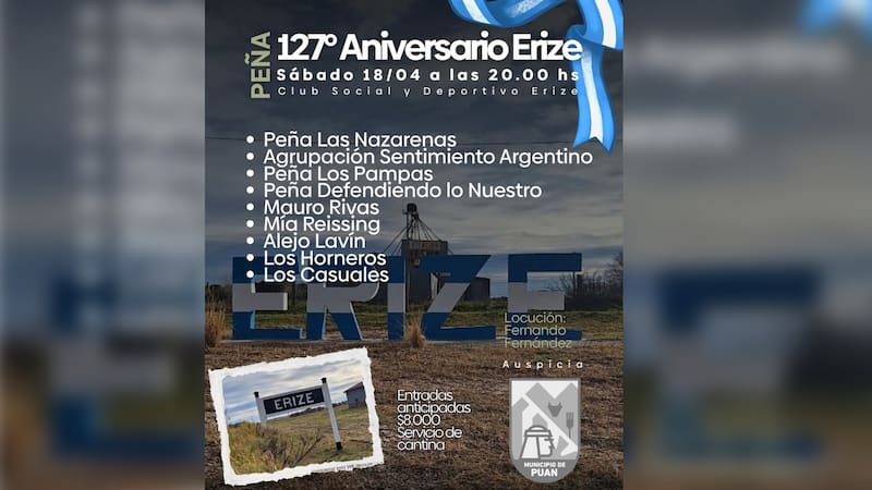 Con la participación de artistas y agrupaciones locales, la propuesta invita a compartir una noche especial en el Club Social y Deportivo Erize. Foto: Instagram @municipiopuan.