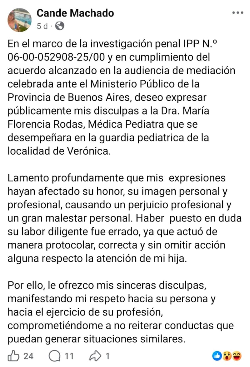 La disculpa pública de la mujer que escrachó a la médica en Punta Indio (Fuente: Redes Sociales).