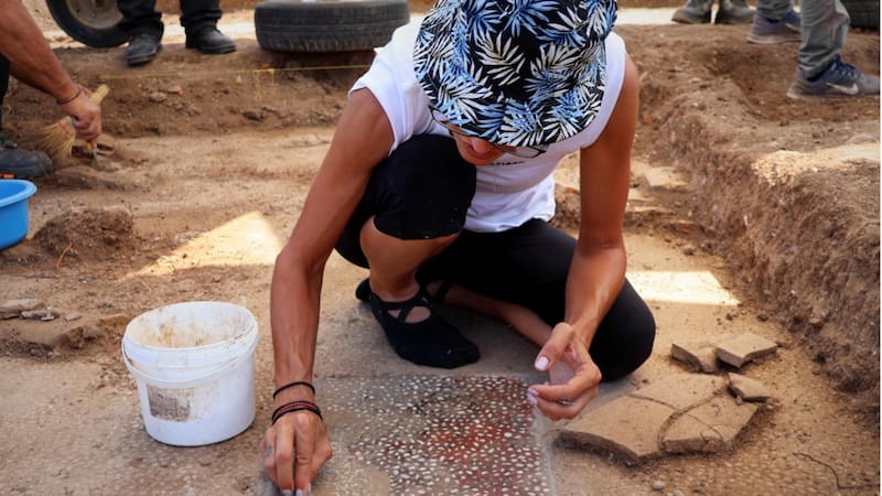 Una arqueóloga limpia un mosaico hallado en el suelo de una sala de banquetes descubierto en las excavaciones del yacimiento arqueólogico de Mieza.
