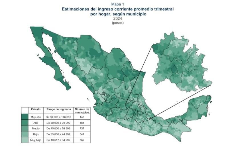 Estimaciones del ingreso corriente promedio trimestral por hogar, según municipio 2024.
