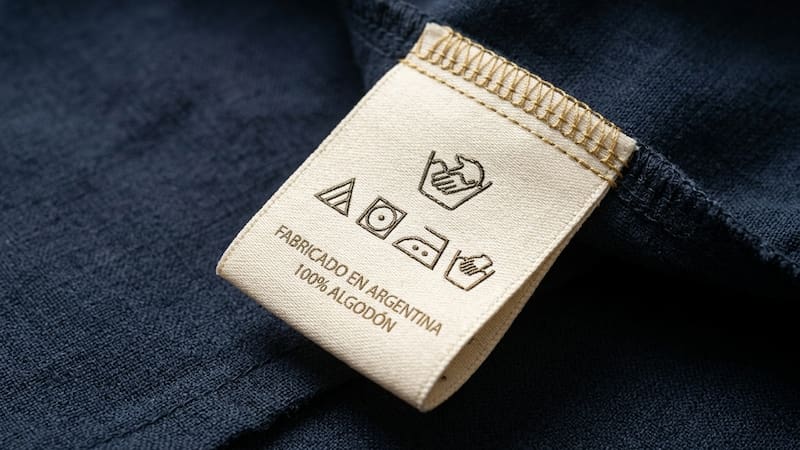 Etiqueta de ropa con símbolo que representa lavado a mano.