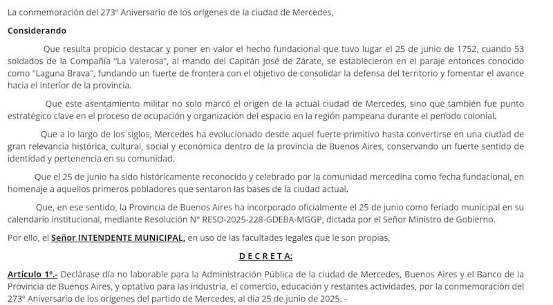 Feriado en Mercedes el 25 de junio de 2026: qué se sabe y si está confirmado el asueto local.
