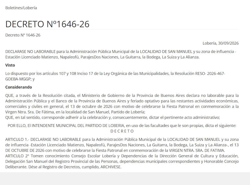 Extienden el fin de semana largo a 4 días | Habrá feriado el martes 13 para estos trabajadores de Lobería, provincia de Buenos Aires.
