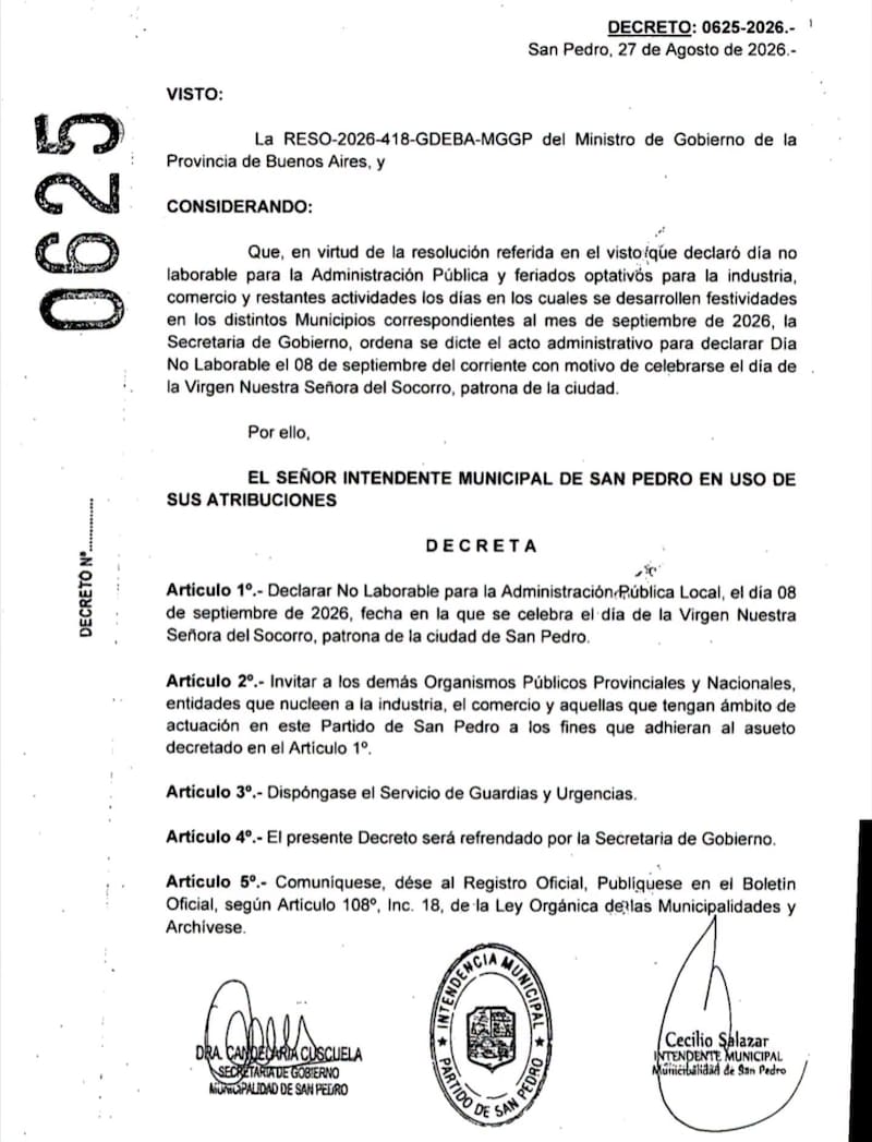 El martes 8 de septiembre habrá un día no laborable en San Pedro por la celebración de la Virgen Nuestra Señora del Socorro.