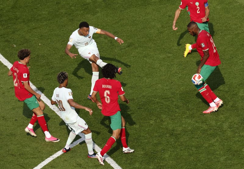 BOSTON (United States), 09/07/2026.- Kylian Mbappe of France (C-L) scores the 1-0 opening goal during the FIFA World Cup 2026 quarterfinals match France against Morocco, in Boston, USA, 09 July 2026. (Francia, Marruecos) EFE/EPA/GREG M. COOPER