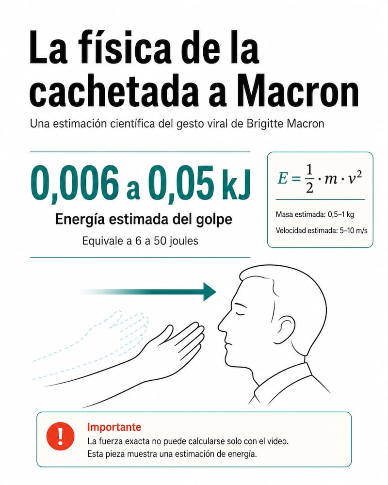 Infografía con una estimación física de la energía que pudo tener el gesto viral de Brigitte Macron.