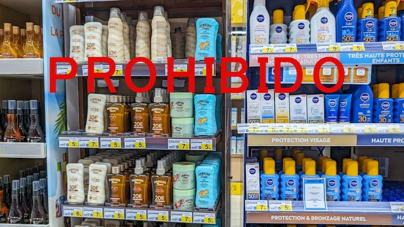 France, 8 May 2024: Sunscreen products on shelves in a supermarket