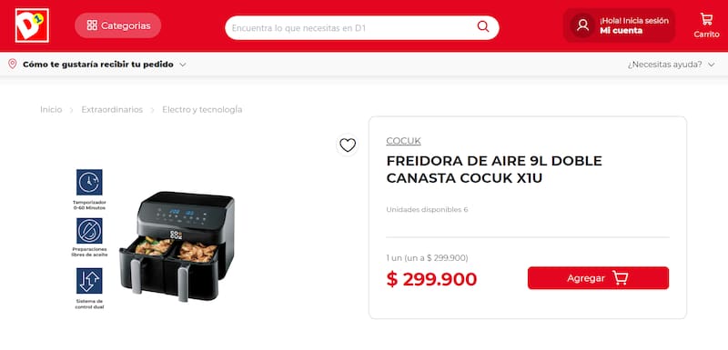 La freidora de aire de Cocuk disponible en D1 tiene doble canasto y un sistema de control dual para manejar cada lado por separado.