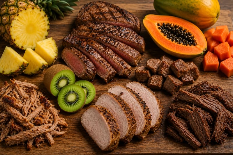 El método más habitual consiste en preparar un marinado utilizando pulpa triturada o jugo de alguna de estas frutas. (Fuente: ChatGPT)