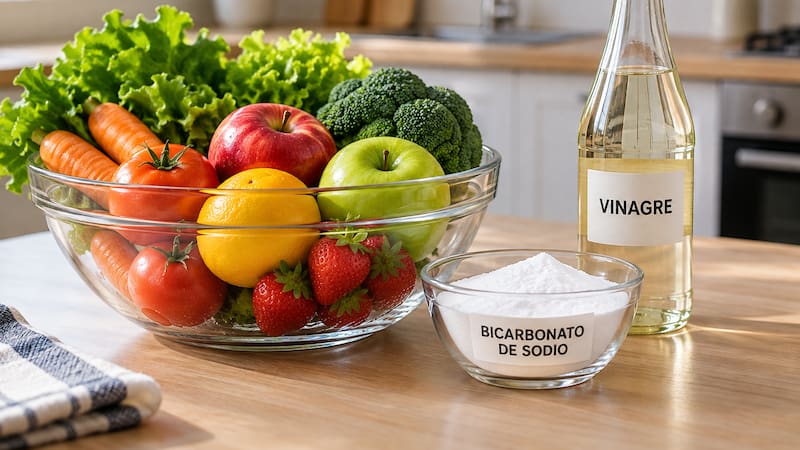 Frutas y verduras junto con bicarbonato y vinagre.
