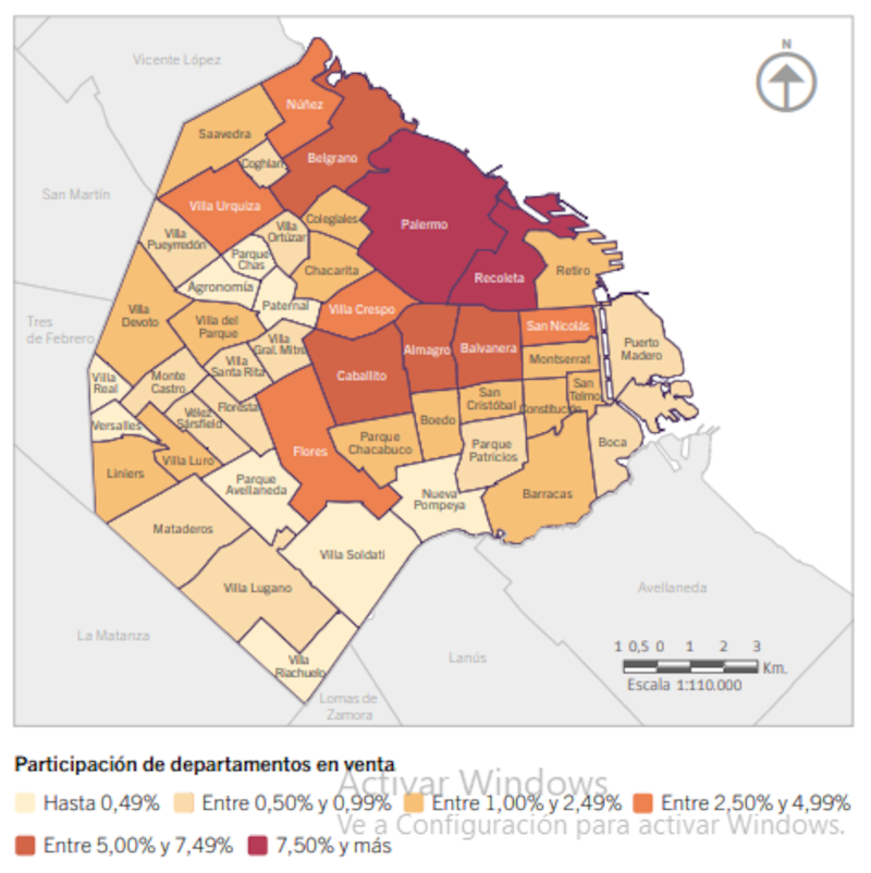 Participación porcentual de departamentos publicados en venta por barrio.
Ciudad de Buenos Aires. 4to. trimestre de 2025.