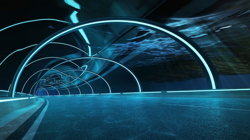 Futuristic neon light and glass facade design of underwater tunnel ,3D rendering .