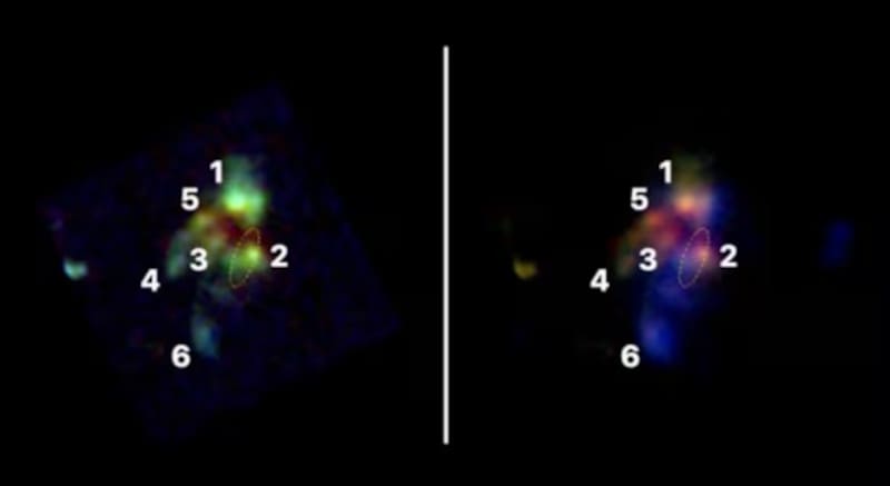 A la izquierda, en tonalidad verde, las galaxias detectadas. A la derecha, las estructuras de gas en color azul. La número 2 es la radiogalaxia identificada. (Fuente: Telescopio JW)