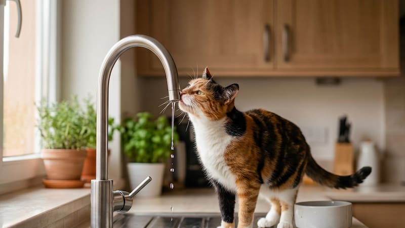 Gato tomando agua de la canilla.