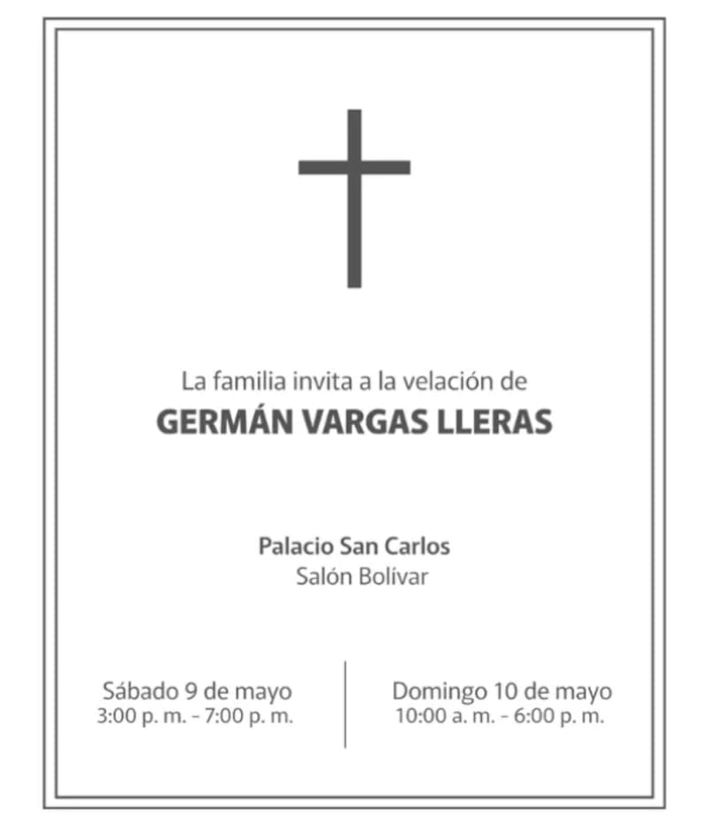 La invitación oficial a la velación de Germán Vargas Lleras, exvicepresidente y fundador del Cambio Radical.