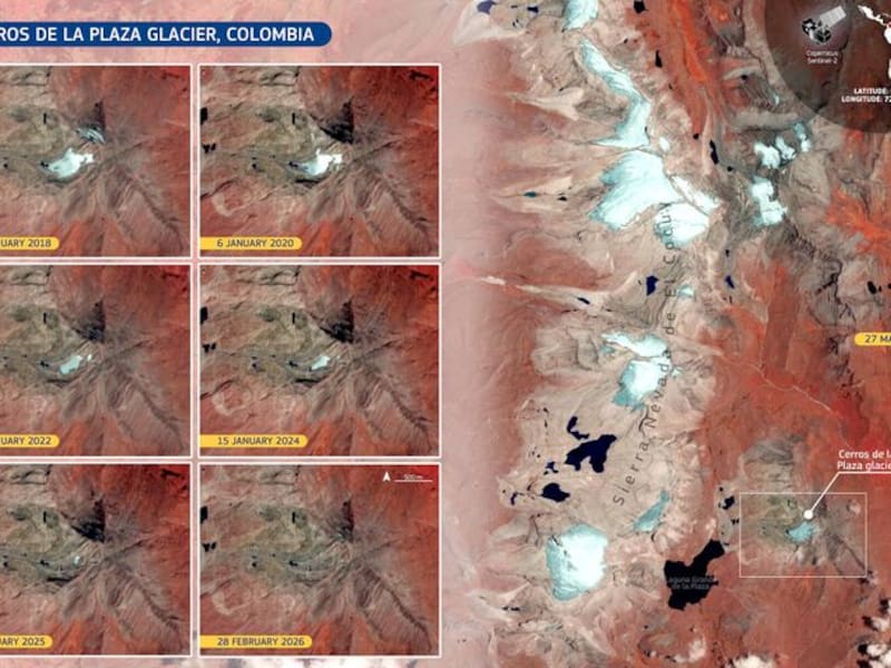 Las imágenes dan una impactante precisión sobre la desaparición del glaciar Cerros de la Plaza (Fuente: Unión Europea).