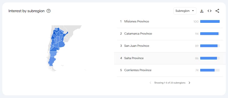 El mapa de interés de Google Trends muestra en qué partes del país fueron más googleados ciertos términos.