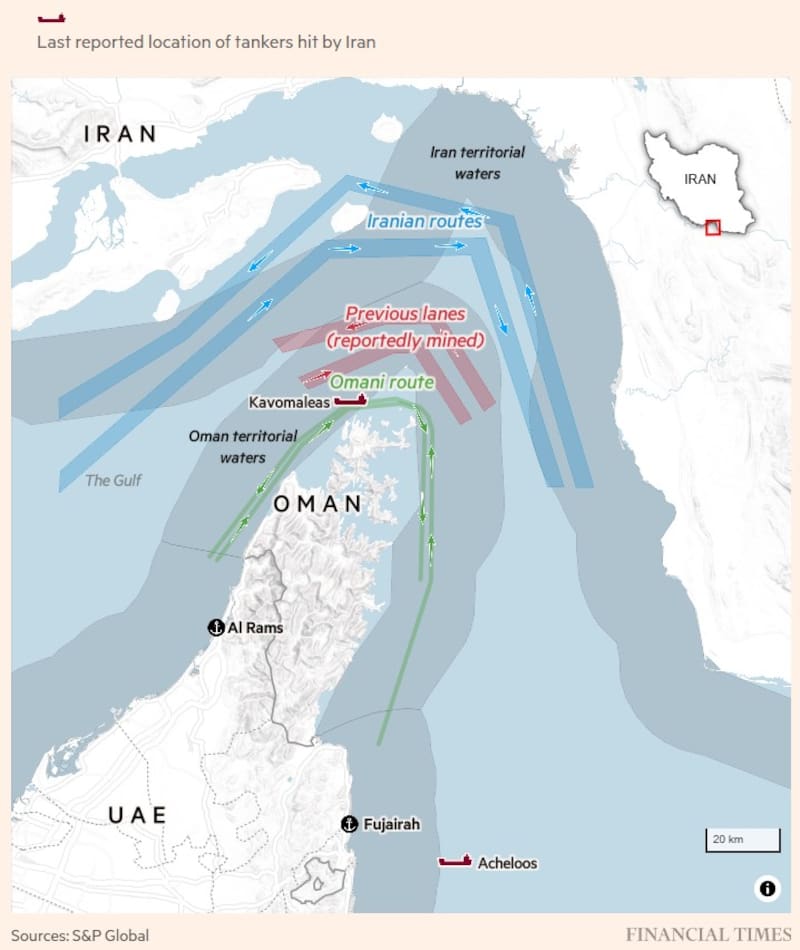 Irán atacó buques que utilizaban la ruta omaní en el estrecho de Ormuz pese a la cobertura aérea de Estados Unidos.