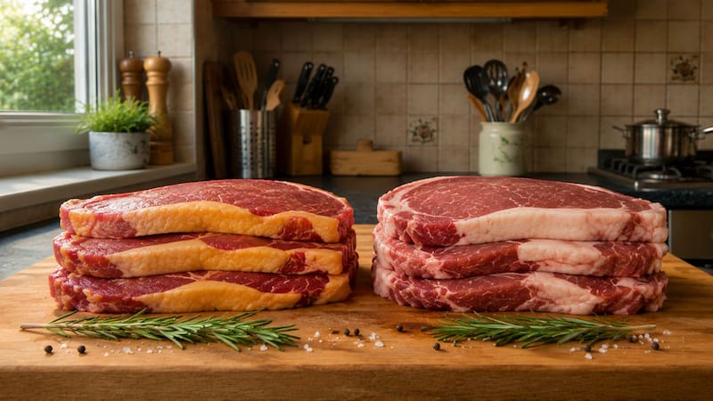 El color amarillento de la grasa de la carne proviene de la alimentación del ganado.