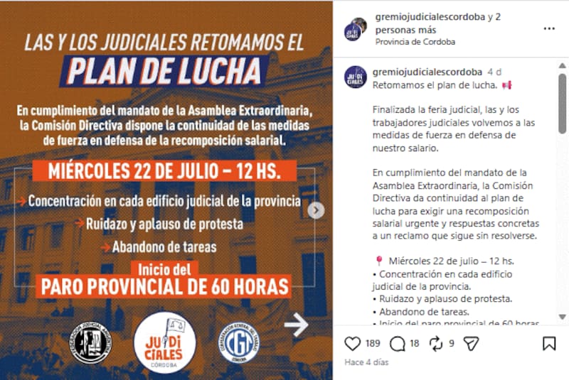 La Comisión Directiva de la Asociación Gremial de Empleados del Poder Judicial anunció un paro de 60 horas.