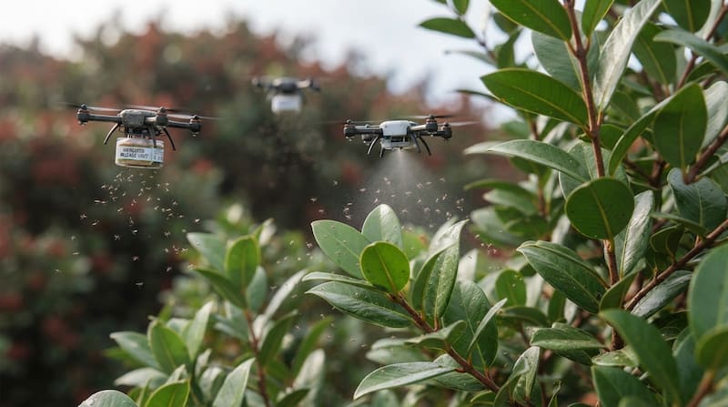 Los drones fueron probados como una alternativa para distribuir el insecto en zonas boscosas de difícil acceso.