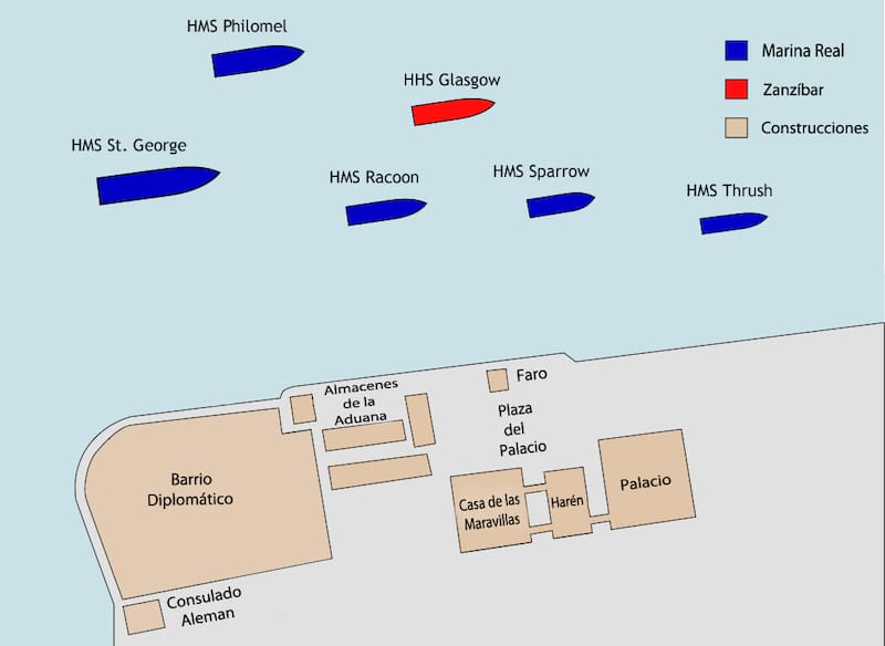 Mapa de la disposición de las fuerzas navales durante la Guerra Anglo-Zanzibariana, a las 9:00 del 27 de agosto de 1896.