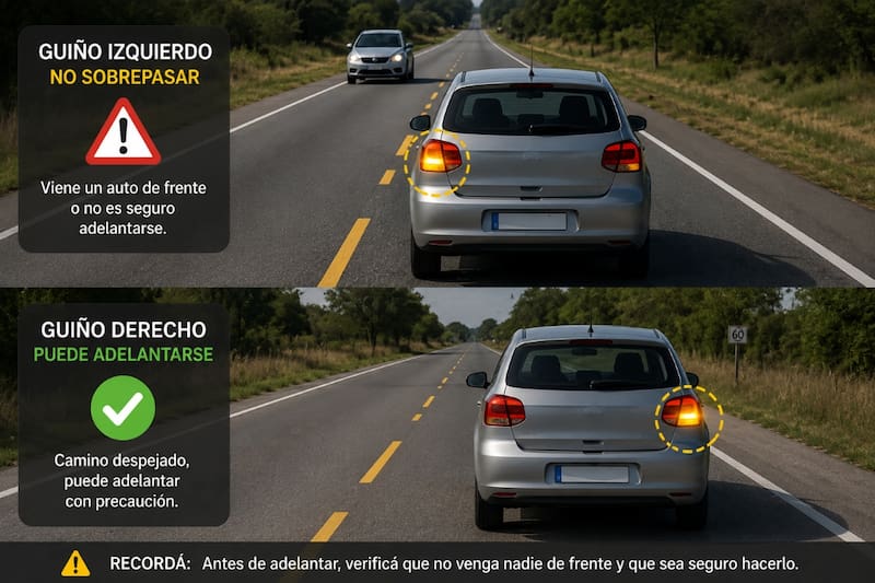 Para advertir a los vehículos de atrás que no conviene sobrepasar, el conductor debe encender la luz de giro izquierda. (Foto: imagen ilustrativa creada con IA)