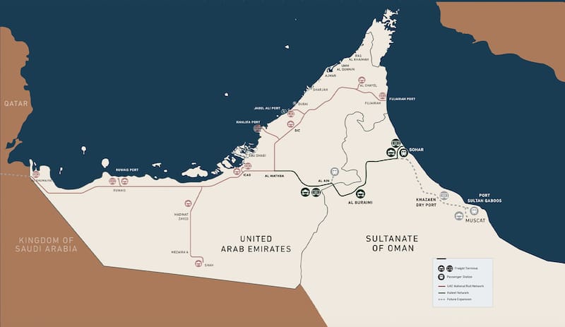 Gulf Railway o GCC Railway, una red ferroviaria diseñada para unir a Arabia Saudita, Emiratos Árabes Unidos, Catar, Kuwait, Bahréin y Omán