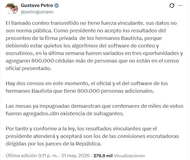 “No acepto los resultados”: Petro pone en duda el conteo electoral tras la victoria de De la Espriella.