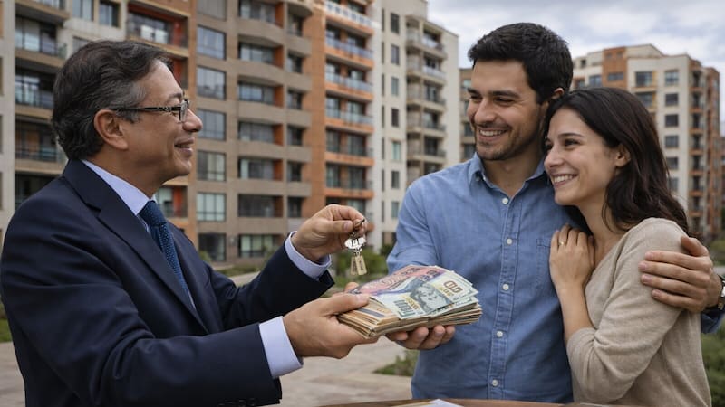 Gustavo Petro entrega llaves y dinero a una pareja en una imagen ilustrativa creada con inteligencia artificial sobre los subsidios públicos destinados a facilitar la compra de vivienda en Colombia.