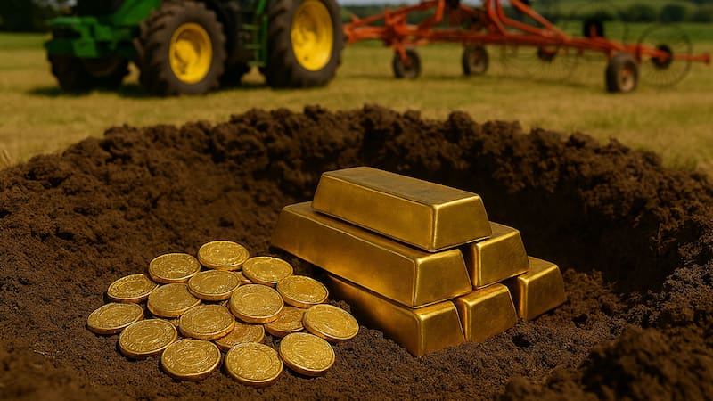 Desentierran monedas y lingotes de oro en un campo sembrado y pertenece a un sólo país (Fuente: IA).