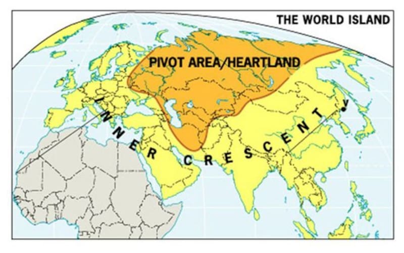 Mapa conceptual del “Heartland”: la región central de Eurasia que, según Mackinder, constituye el pivote estratégico del poder global. Fuente: archivo