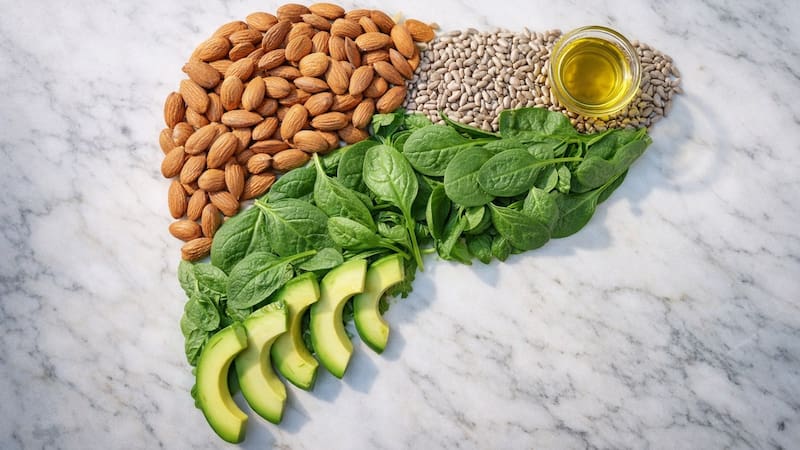 La vitamina E se encuentra de forma natural en frutos secos, semillas y aceites vegetales.