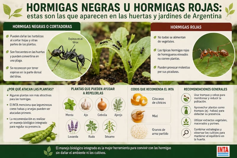 Las hormigas negras cortadoras pueden convertirse en un problema para los cultivos porque cortan hojas y otros materiales vegetales. (Fuente: imagen ilustrativa creada con IA)