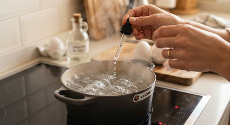 El vinagre es un ingrediente habitual en la cocina y puede incorporarse al agua durante la cocción de los huevos. (Representación creada con IA).