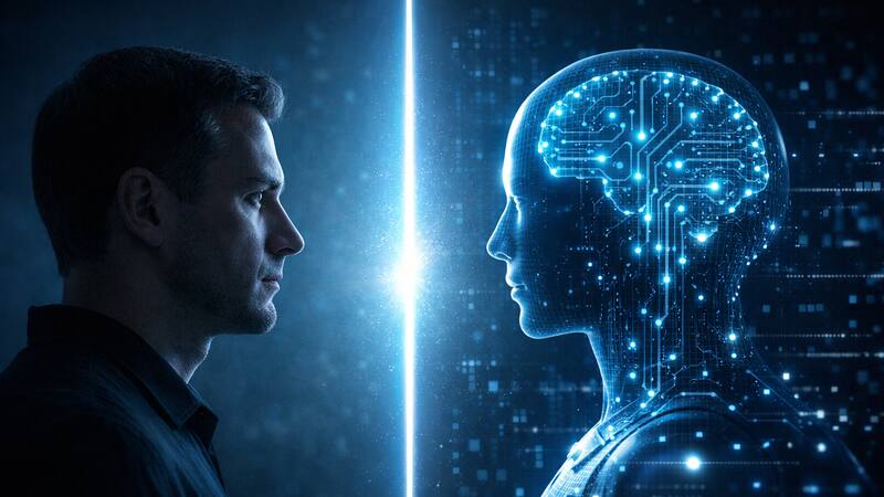 Una representación simbólica del posible “cara a cara” entre la inteligencia humana y la inteligencia artificial en una era de cambio tecnológico acelerado.