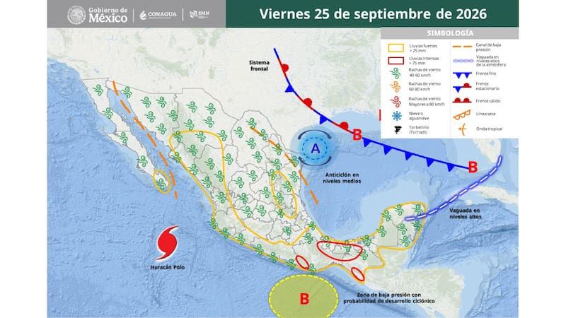 Pronóstico del clima en México: el huracán Polo continuará generando lluvias fuertes y alto oleaje este viernes 25 de septiembre.