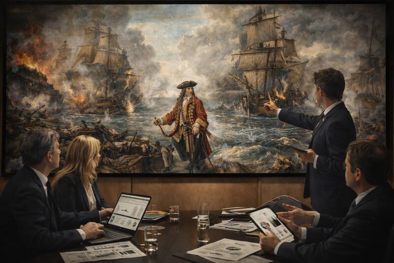 Directivos estudian la batalla de Cartagena de Indias (1741) donde Blas de Lezo derrotó a la mayor flota inglesa. "Pasión sin estridencias, conocimiento del contexto, prudencia y valentía", resume Lominchar sobre ese tipo de liderazgo. Ilustración creada con IA.